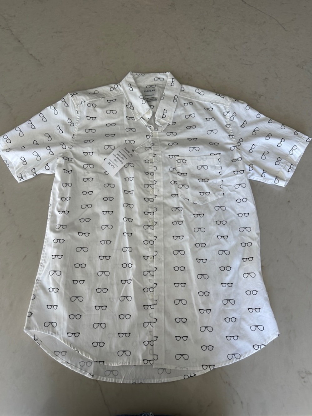 Men's White Short-Sleeve Button-Down Shirt with Eyeglass Print